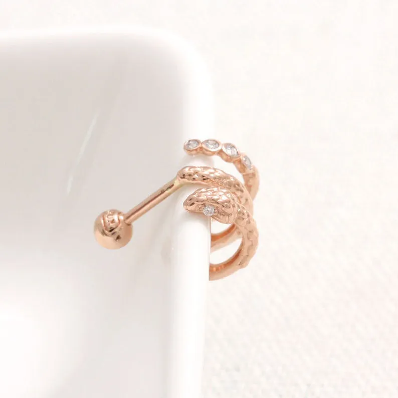 14K 18K Solid Gold CZ Snake Ear Hoop Stud Cartilage Tragus Helix Conch Lobe Piercing Earring