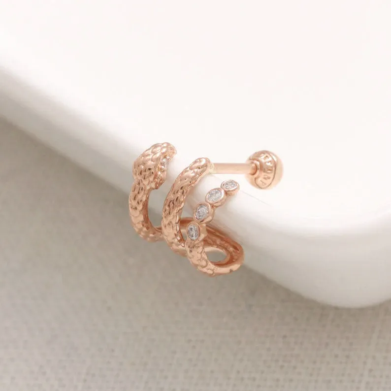 14K 18K Solid Gold CZ Snake Ear Hoop Stud Cartilage Tragus Helix Conch Lobe Piercing Earring