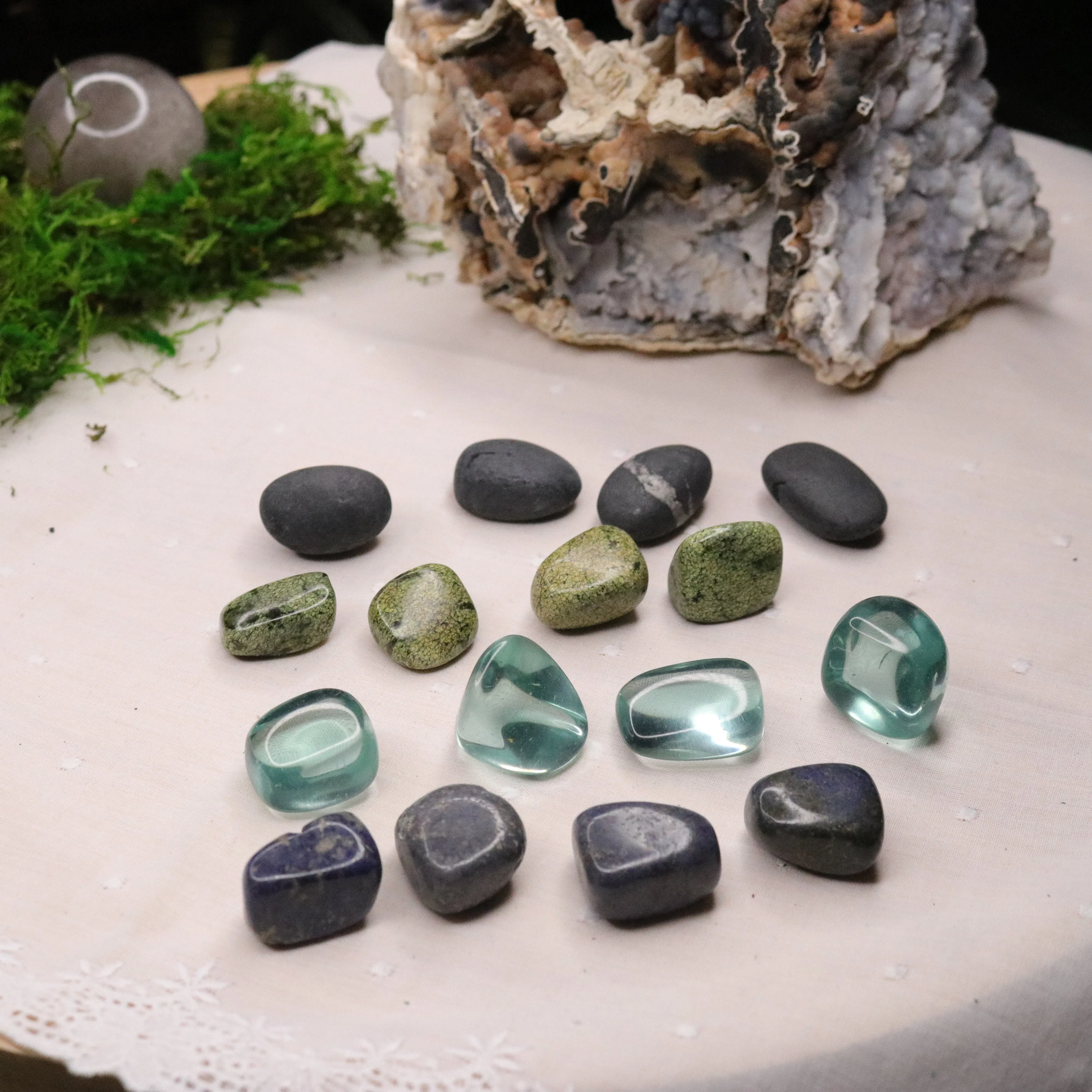 16 Pieces Tumbled Crystal Set ~ Dumortierite, Asterite Serpentine, Shungite and Aqua Blue Obsidian ~