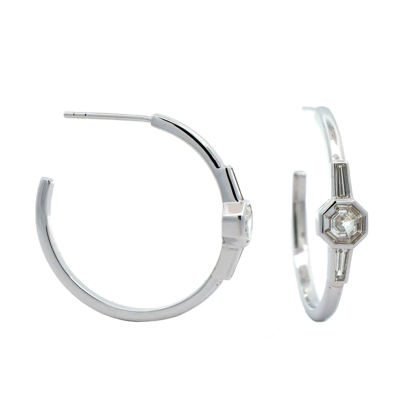 18K White Gold Bezel Set Diamond Hoop Earrings