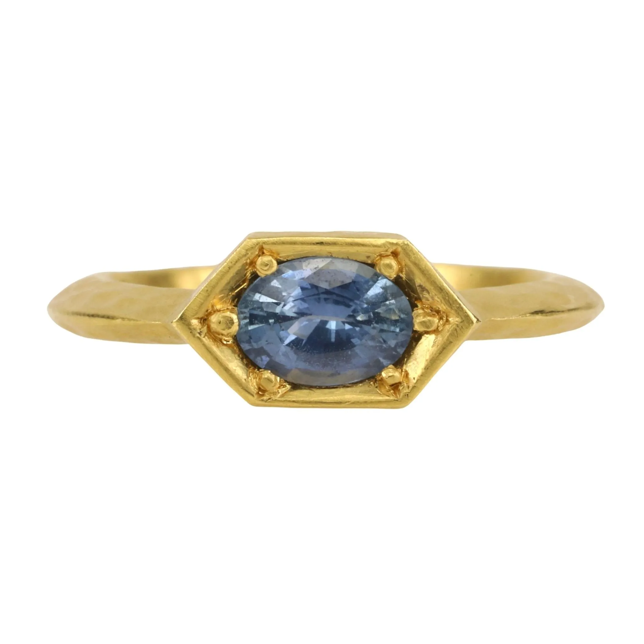 22K Gold Hexagonal Prong-Set Oval Blue Sapphire Ring