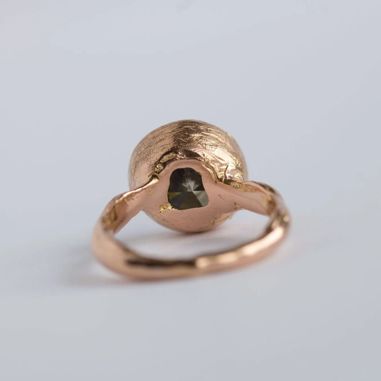 3.5ct Green Grey Diamond Engagement Ring in 18k Rose Gold hand carved bezel setting by Anueva Jewelry - Recycled Gold- 3ct - Organic Jewelry