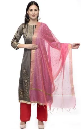 A R Silk Women's Chanderi Zari Embroidery Gajari Regular Dupatta