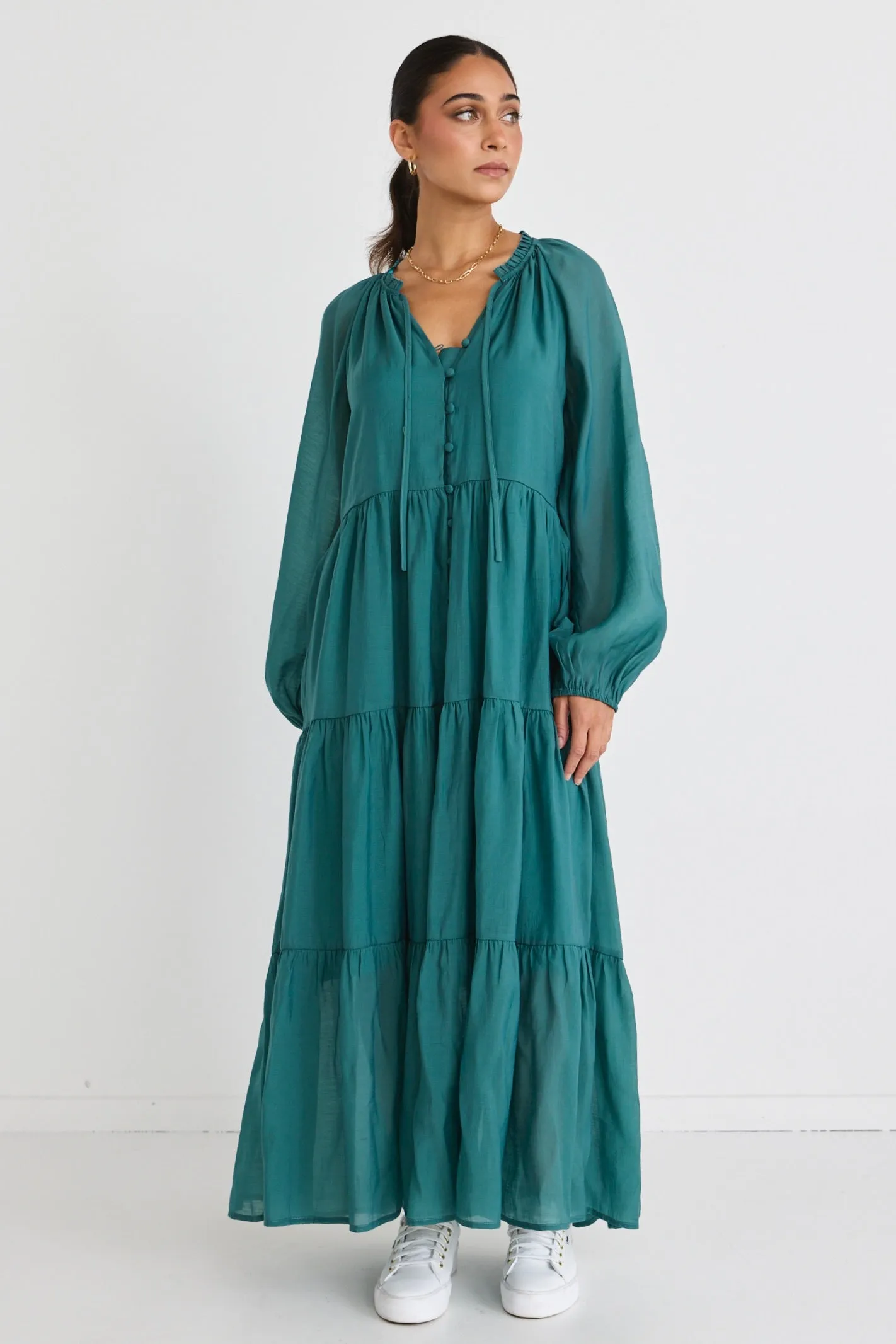 Aida Ocean LS Button Front Tiered Maxi Dress