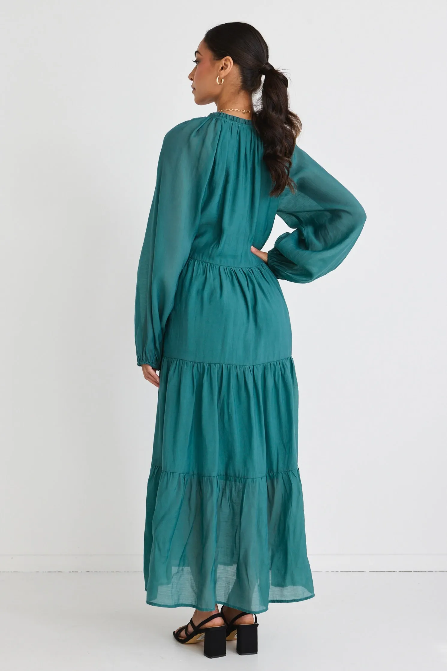 Aida Ocean LS Button Front Tiered Maxi Dress