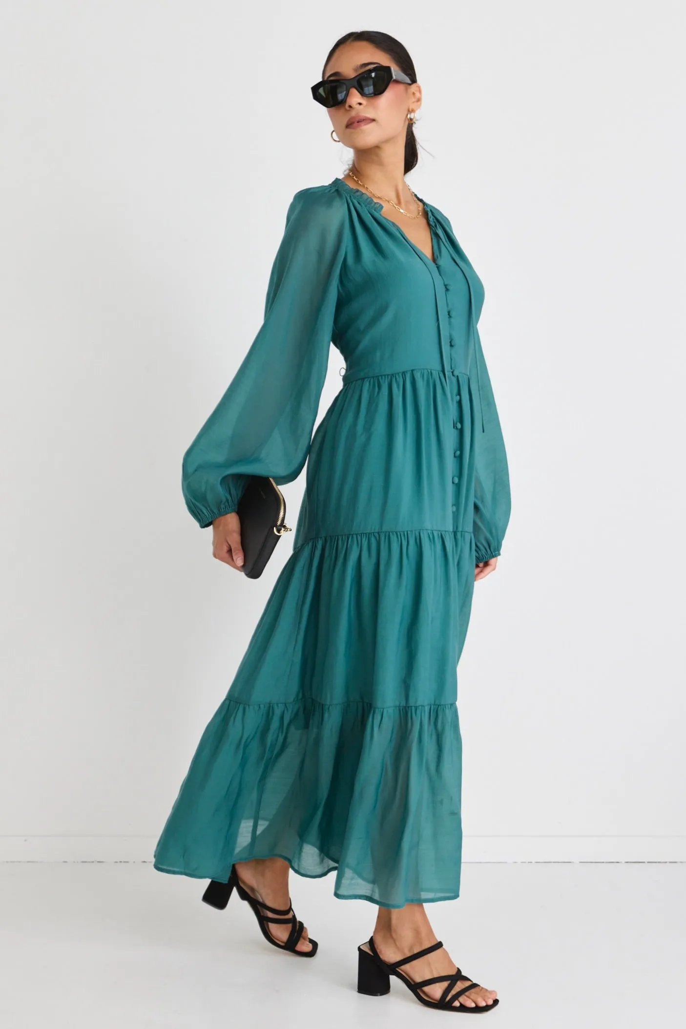 Aida Ocean LS Button Front Tiered Maxi Dress