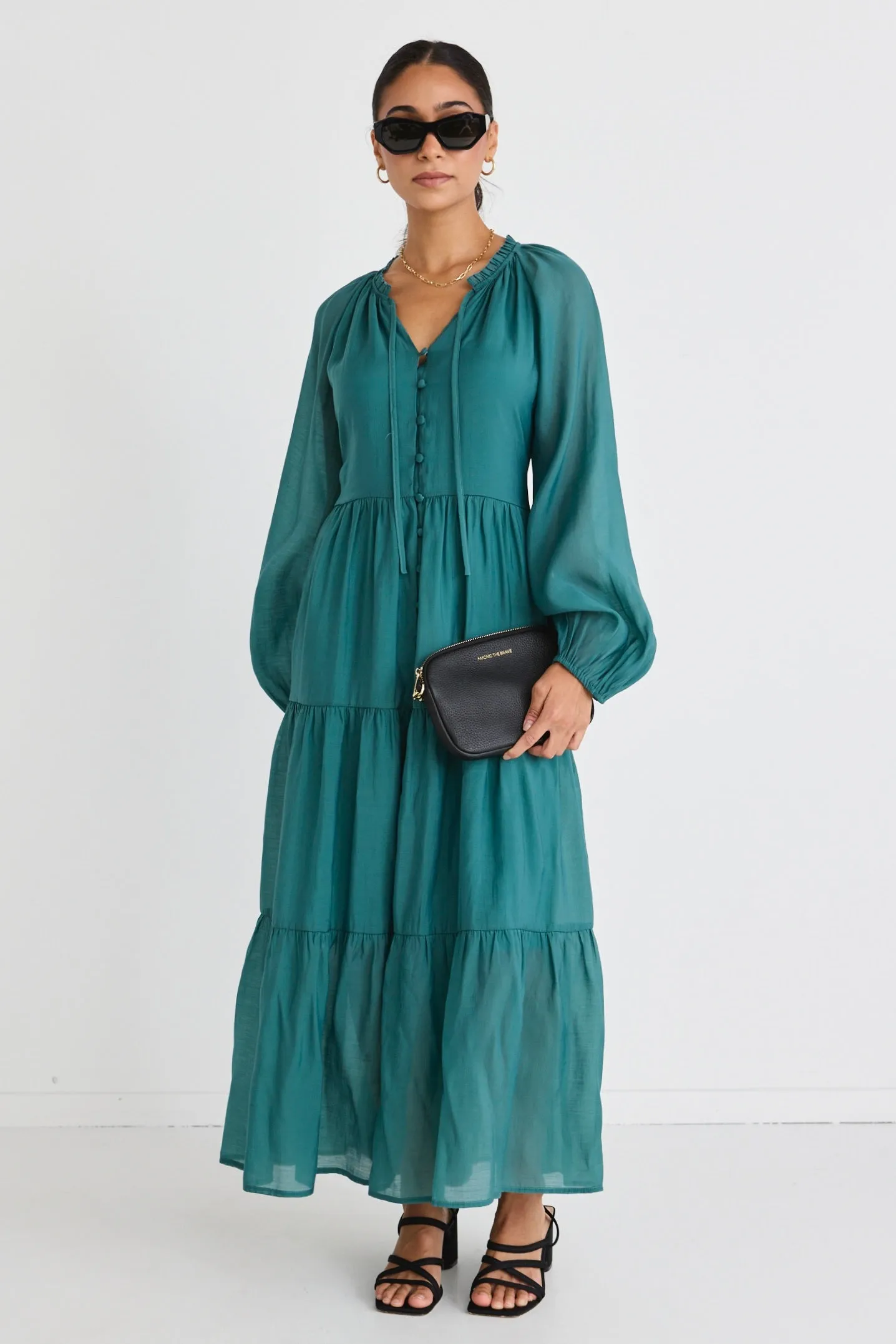 Aida Ocean LS Button Front Tiered Maxi Dress