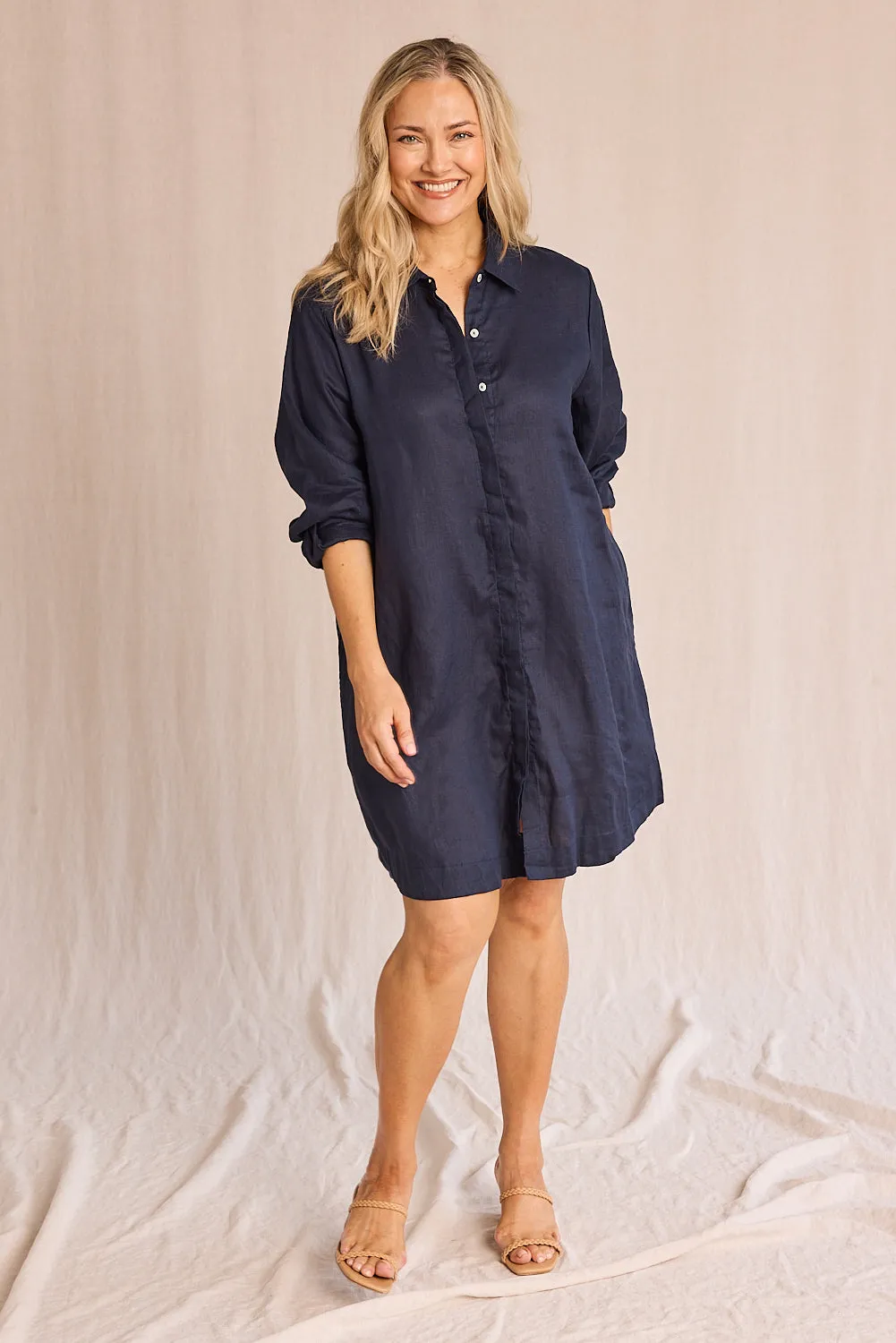 Anouk Linen Shirt Dress in Navy