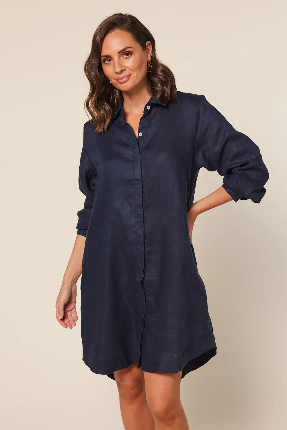 Anouk Linen Shirt Dress in Navy