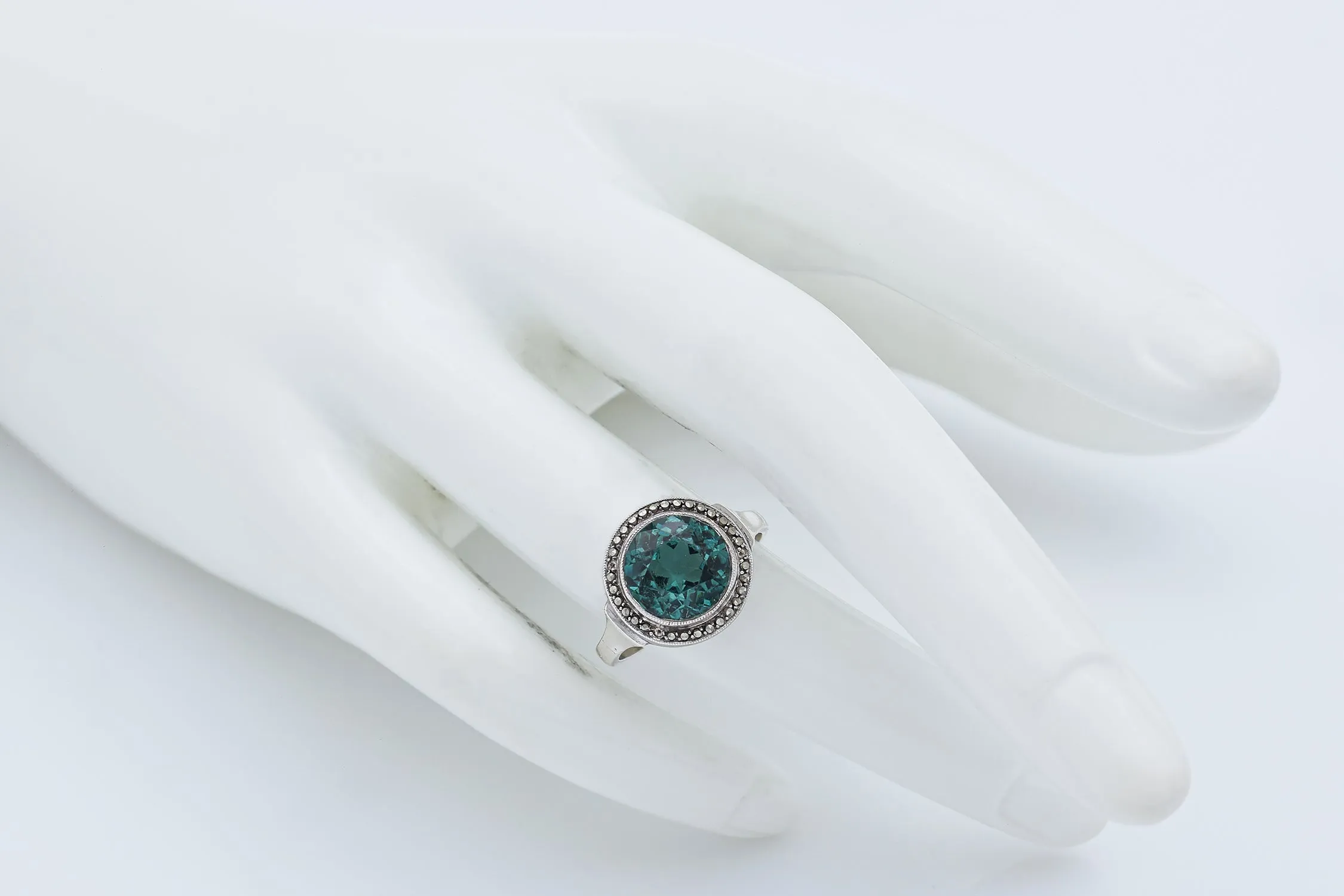 Antique R. Lindsay Sterling Silver Blue Zircon & Marcasite Ring