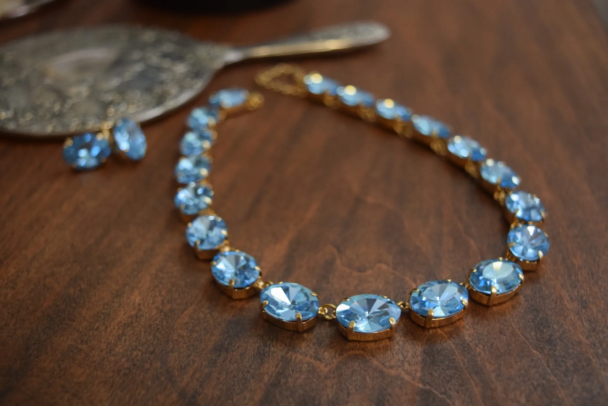 Aquamarine Blue Swarovski Crystal Collet Necklace - Large Oval