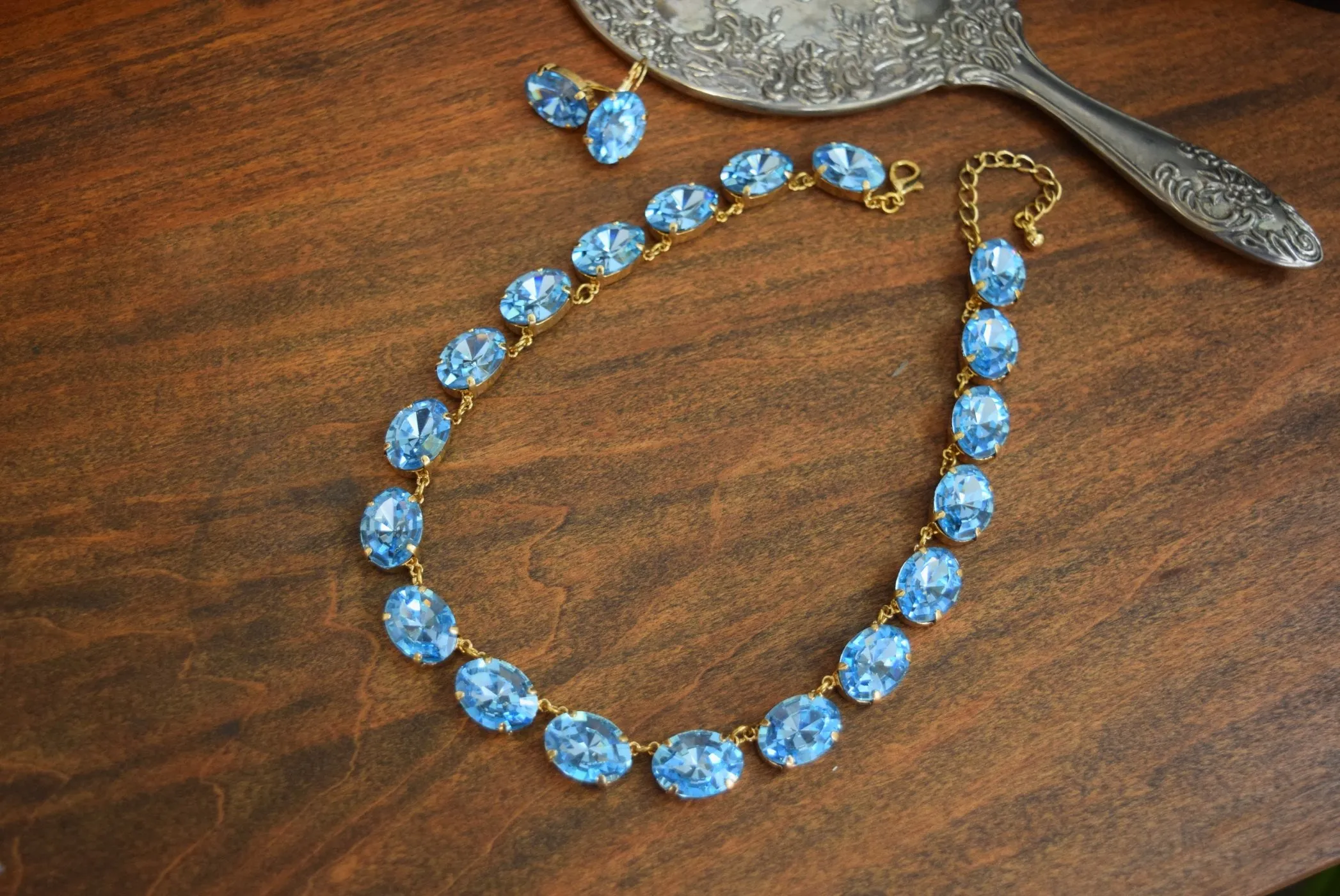 Aquamarine Blue Swarovski Crystal Collet Necklace - Large Oval