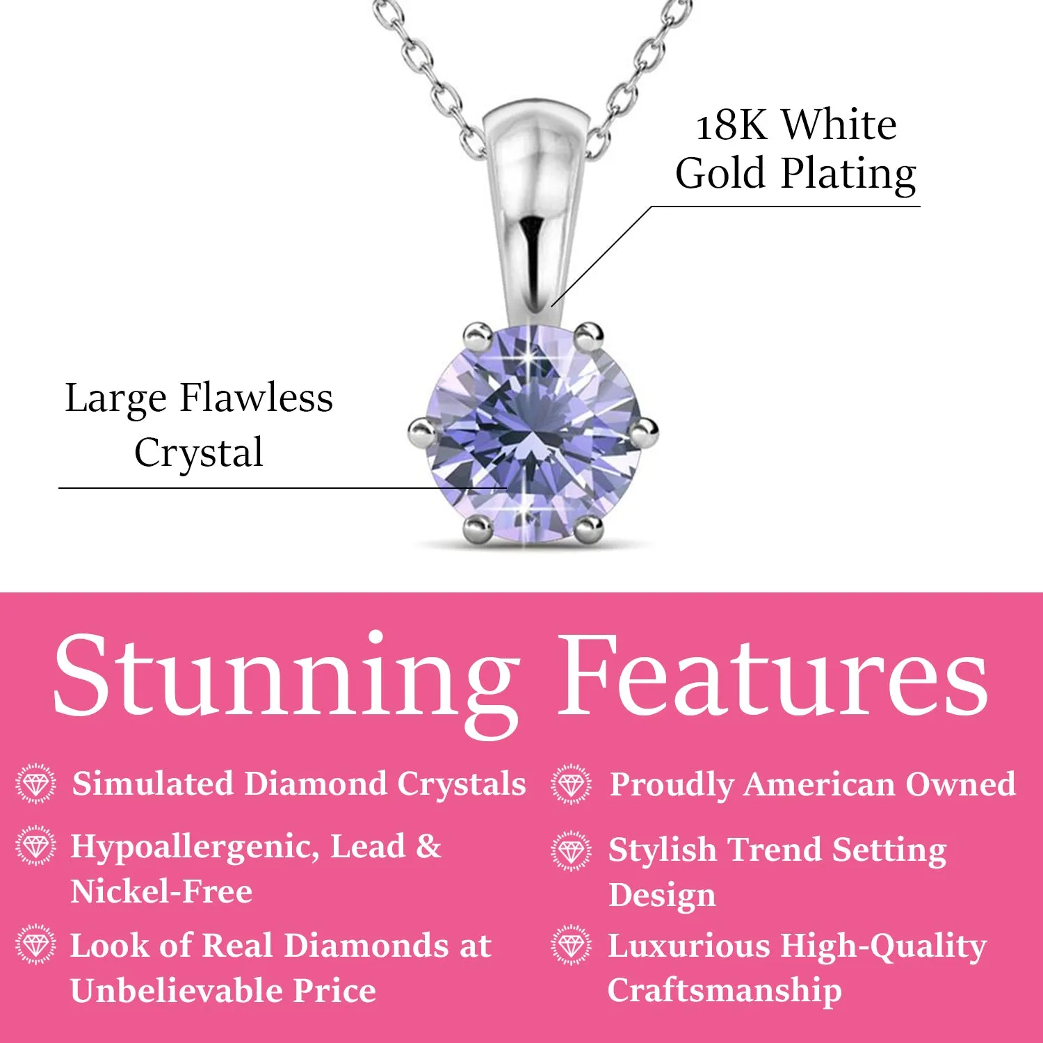 Birthstone Necklace, 18k White Gold Plated Solitaire Necklace with 1CT Crystal