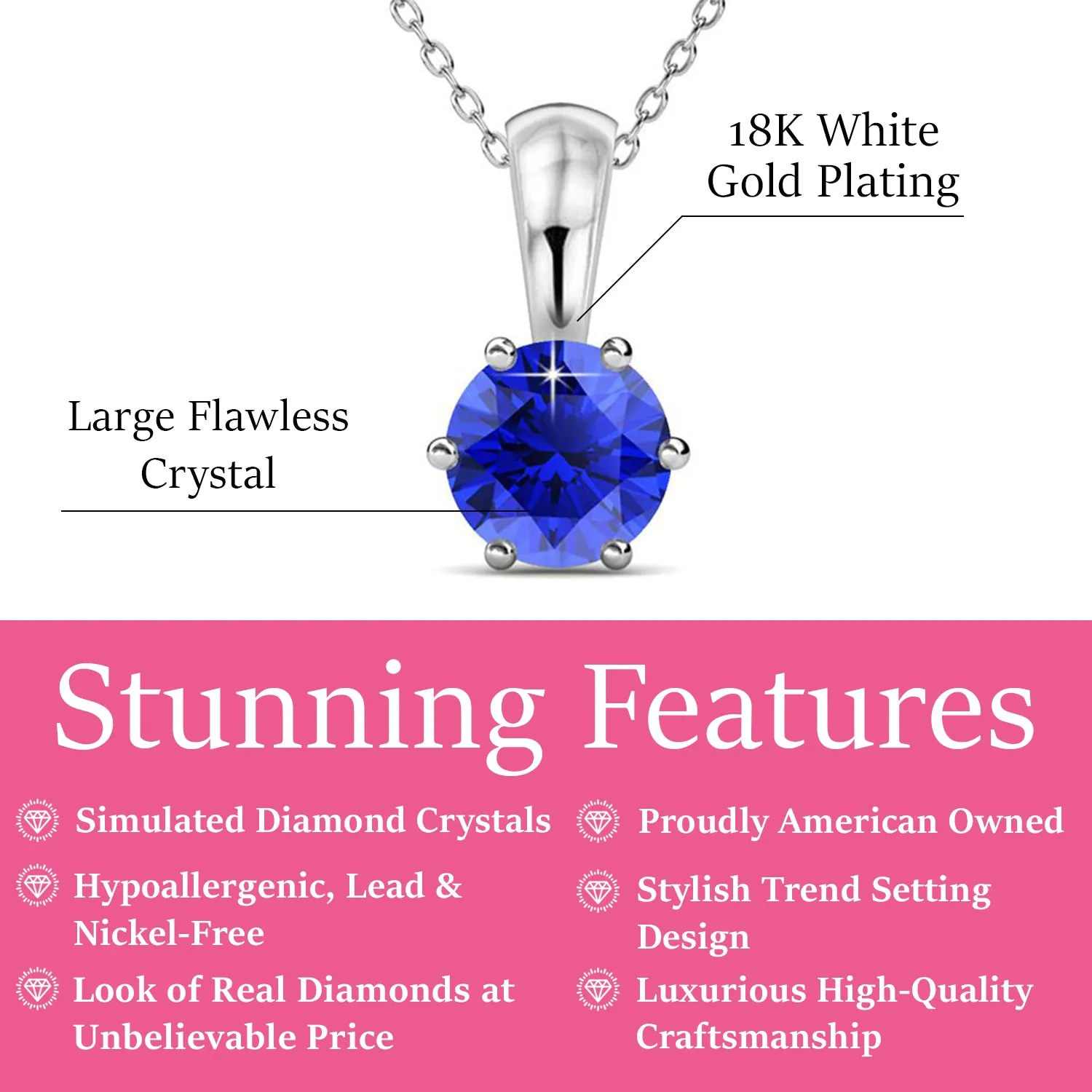 Birthstone Necklace, 18k White Gold Plated Solitaire Necklace with 1CT Crystal