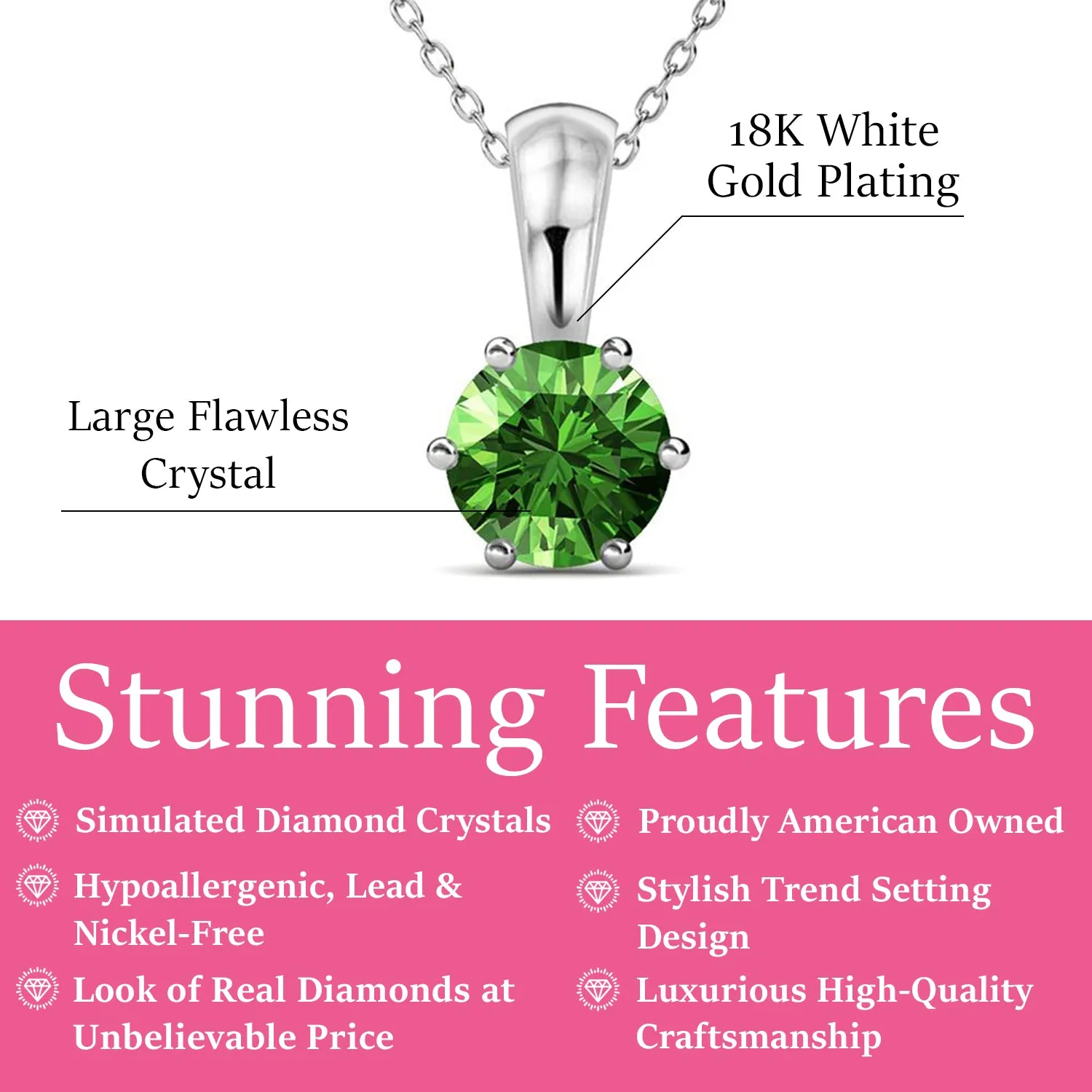 Birthstone Necklace, 18k White Gold Plated Solitaire Necklace with 1CT Crystal