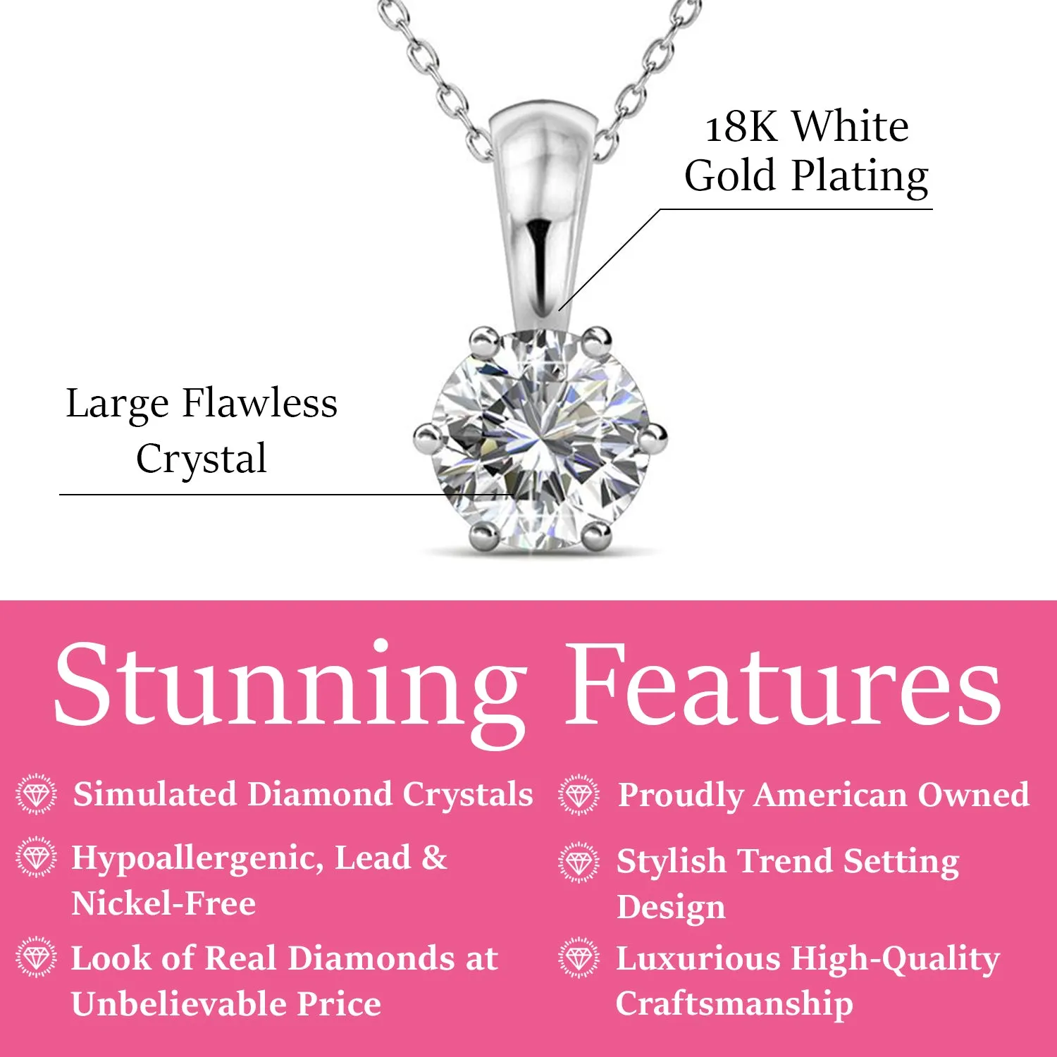 Birthstone Necklace, 18k White Gold Plated Solitaire Necklace with 1CT Crystal