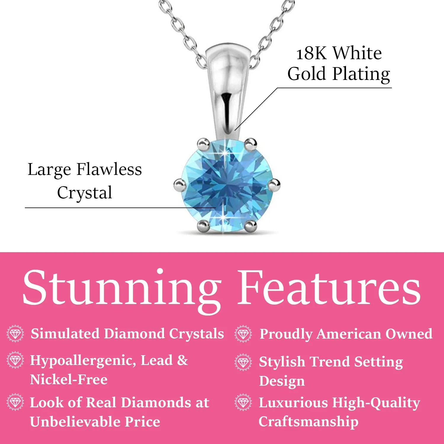 Birthstone Necklace, 18k White Gold Plated Solitaire Necklace with 1CT Crystal