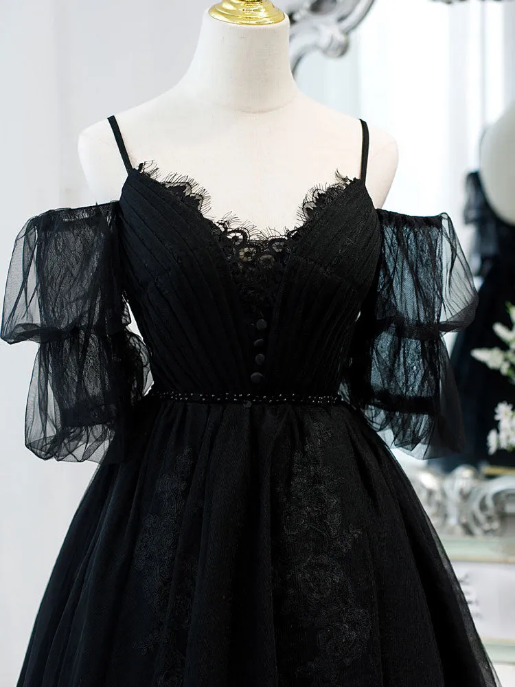 Black A line V Neck Lace Short/Mini Prom Dress, Black Puffy Homecoming Dresses