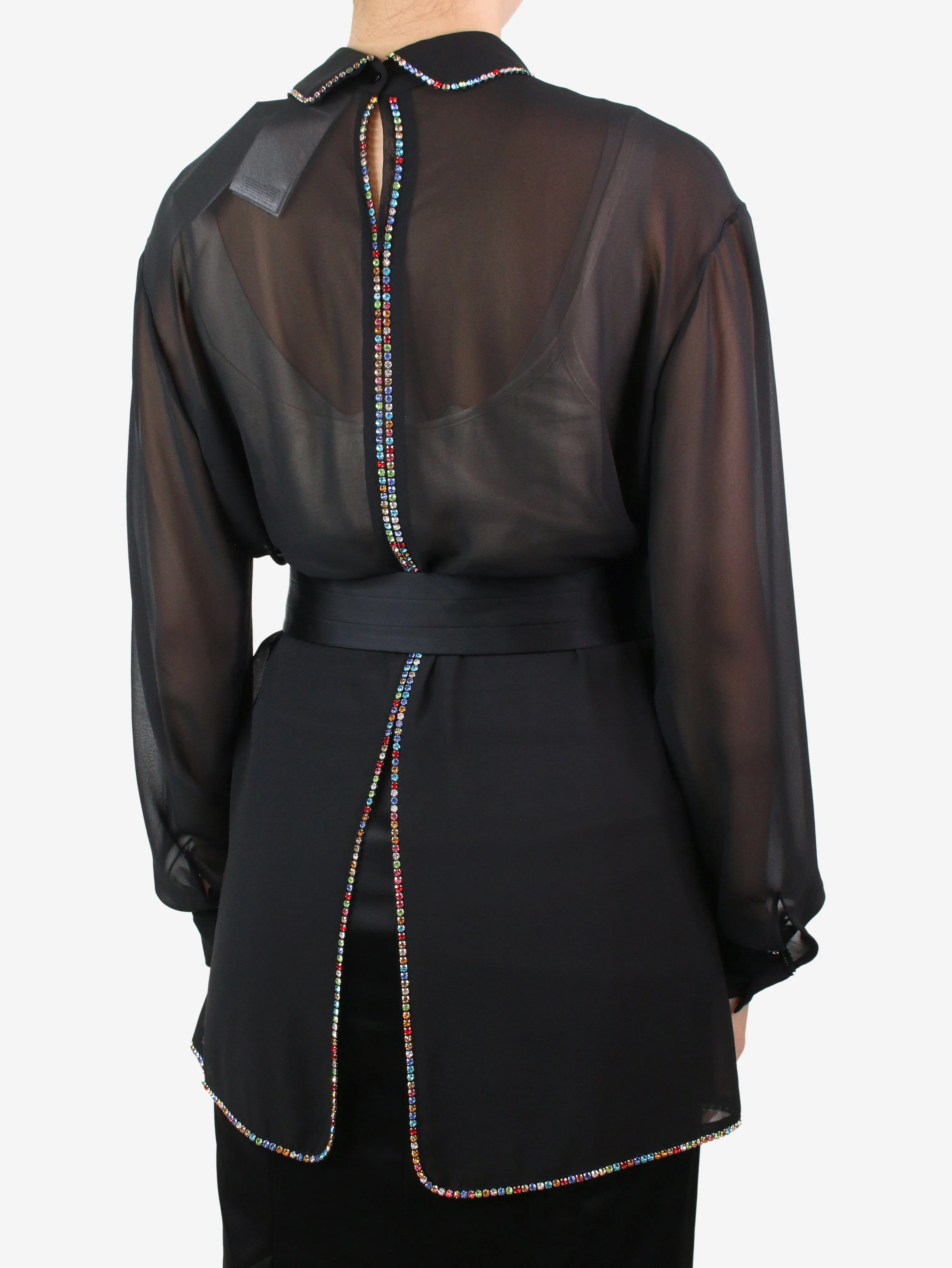 Black crystal embellished sheer shirt - size UK 8