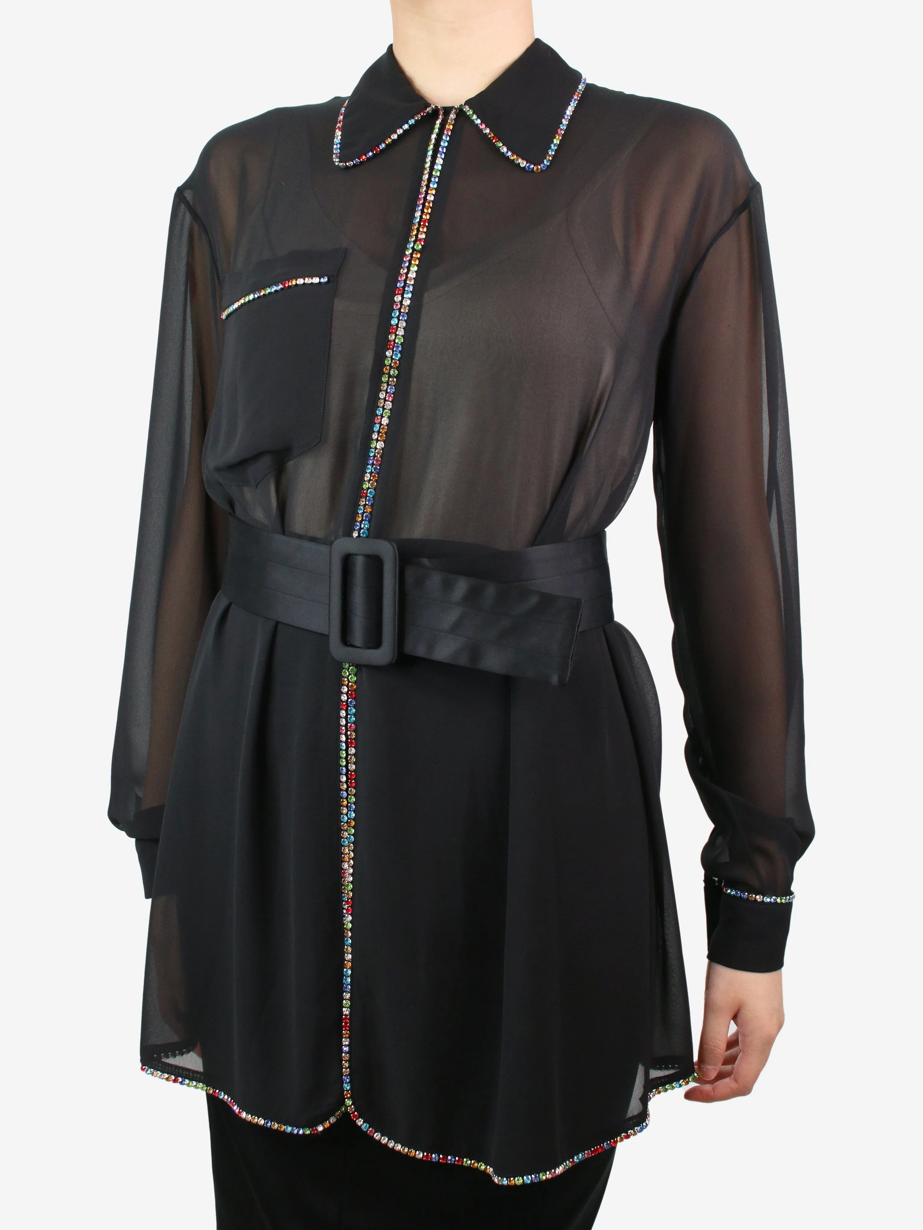 Black crystal embellished sheer shirt - size UK 8