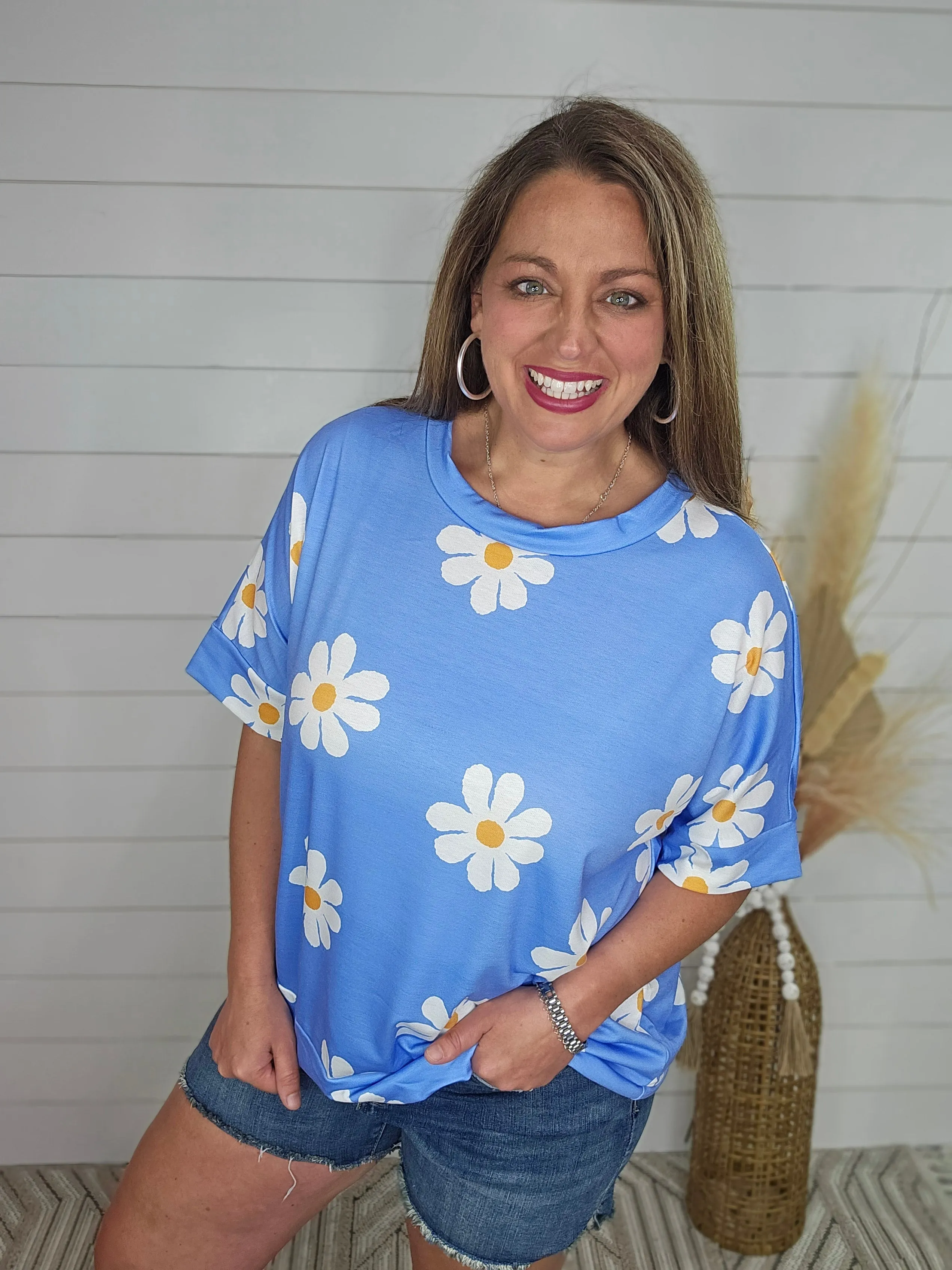 BLUE DAISY PRINT KNIT TOP