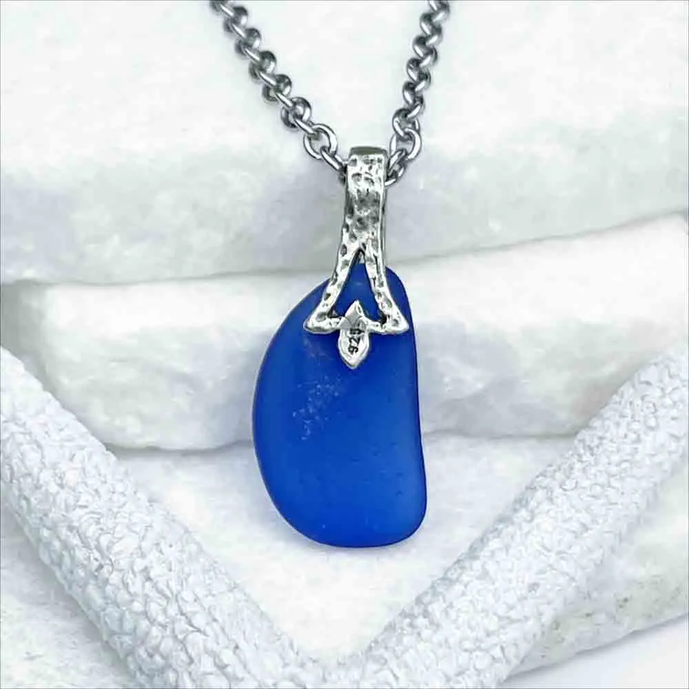 Bright Cobalt Blue Sea Glass Pendant with Decorative Bail | #5209