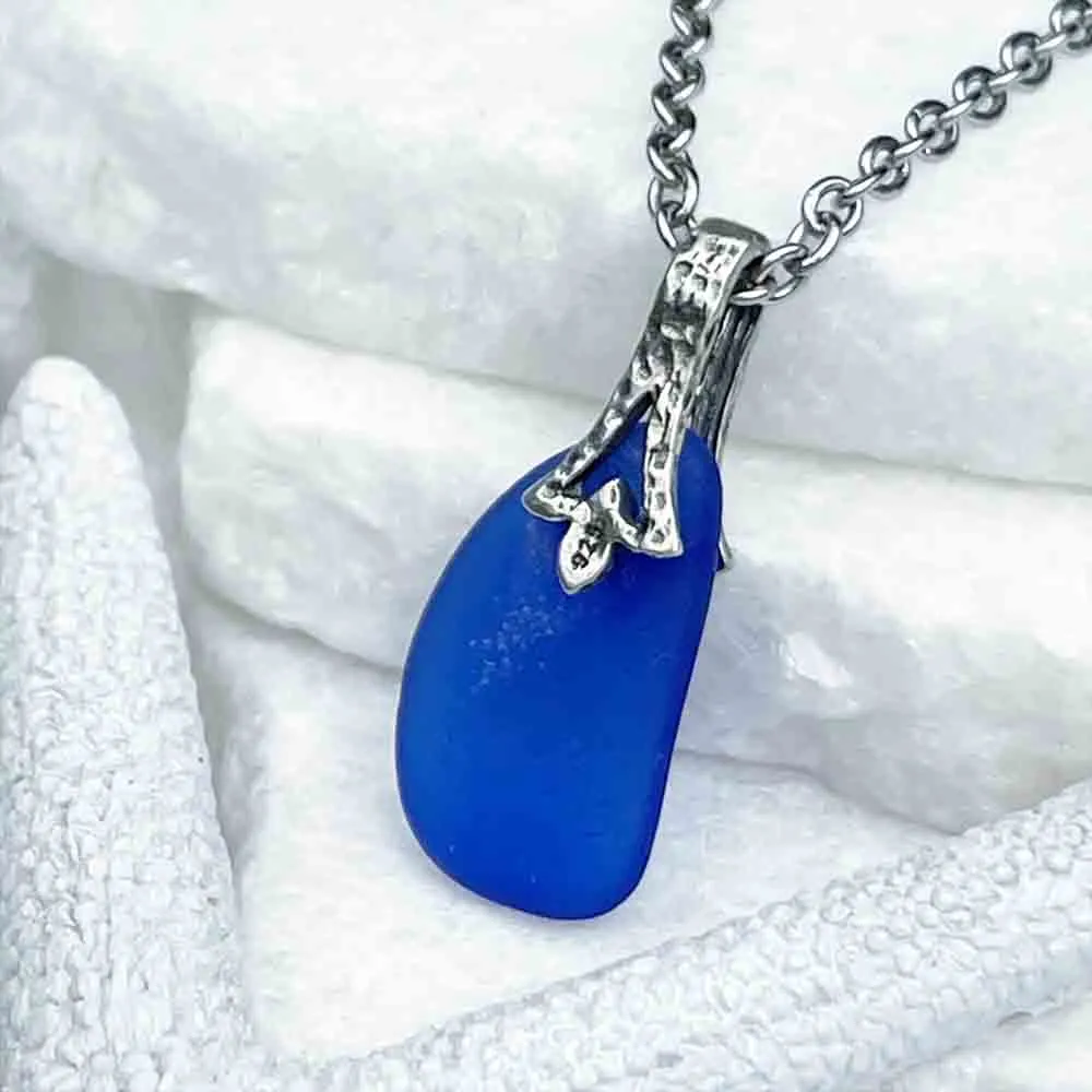 Bright Cobalt Blue Sea Glass Pendant with Decorative Bail | #5209