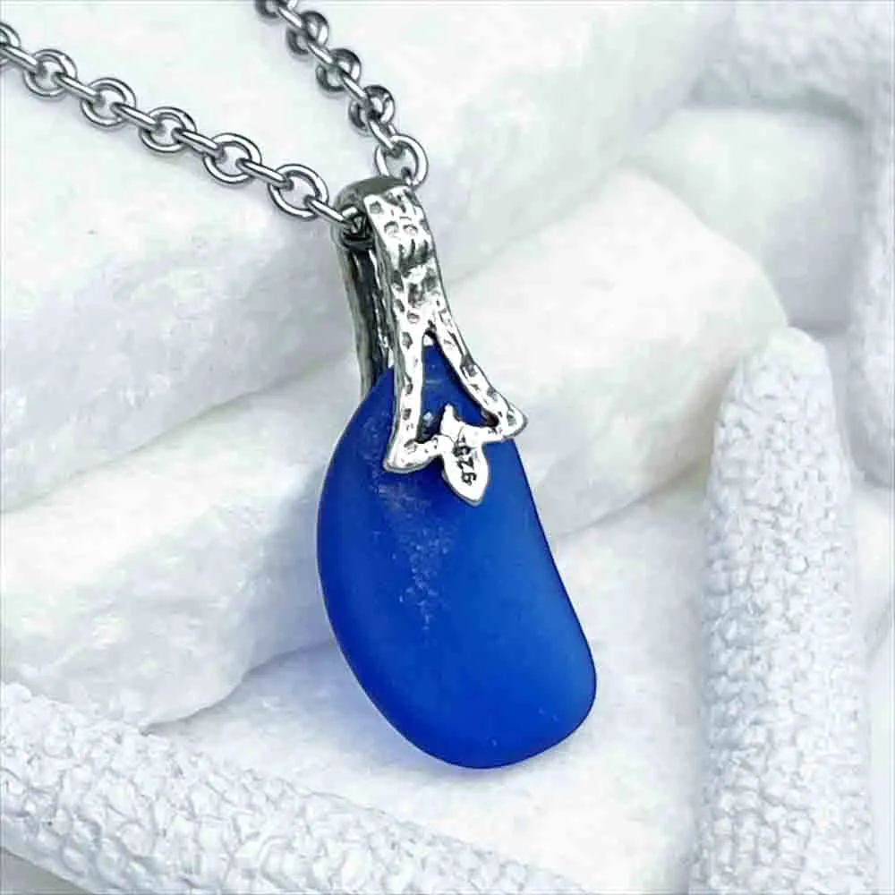 Bright Cobalt Blue Sea Glass Pendant with Decorative Bail | #5209