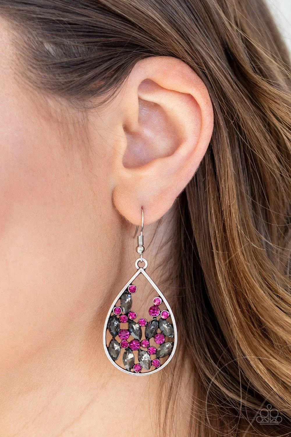 Cash or Crystal? Pink and Smoky Silver Earrings - Paparazzi Accessories