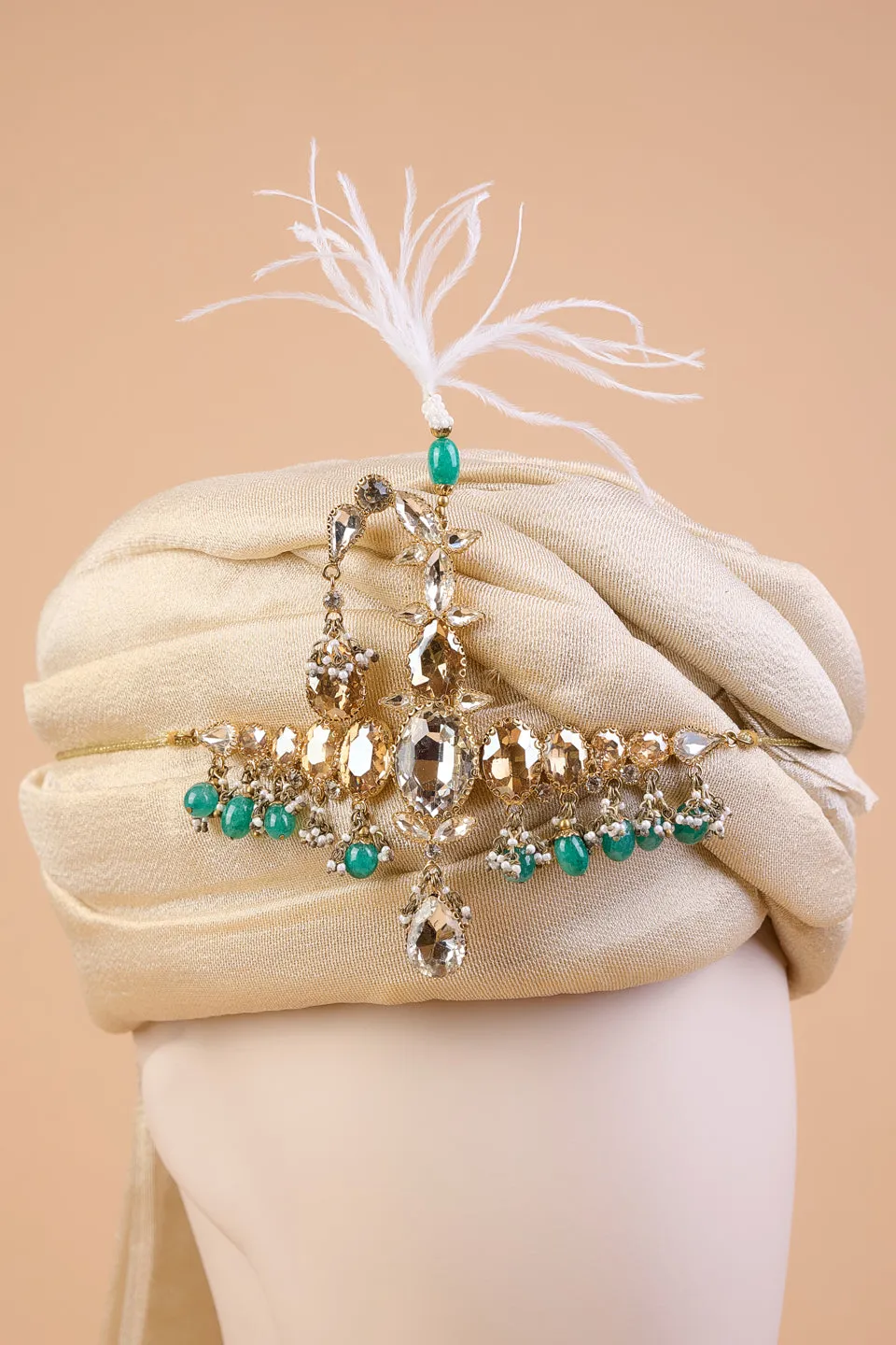 Centre Crystal Sarpech With Emerald Beads & Feather Detail