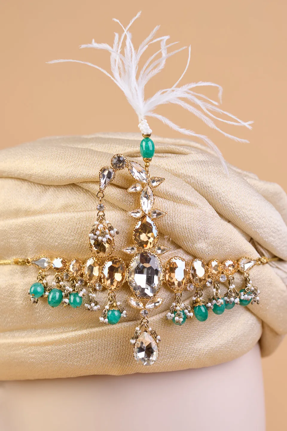 Centre Crystal Sarpech With Emerald Beads & Feather Detail