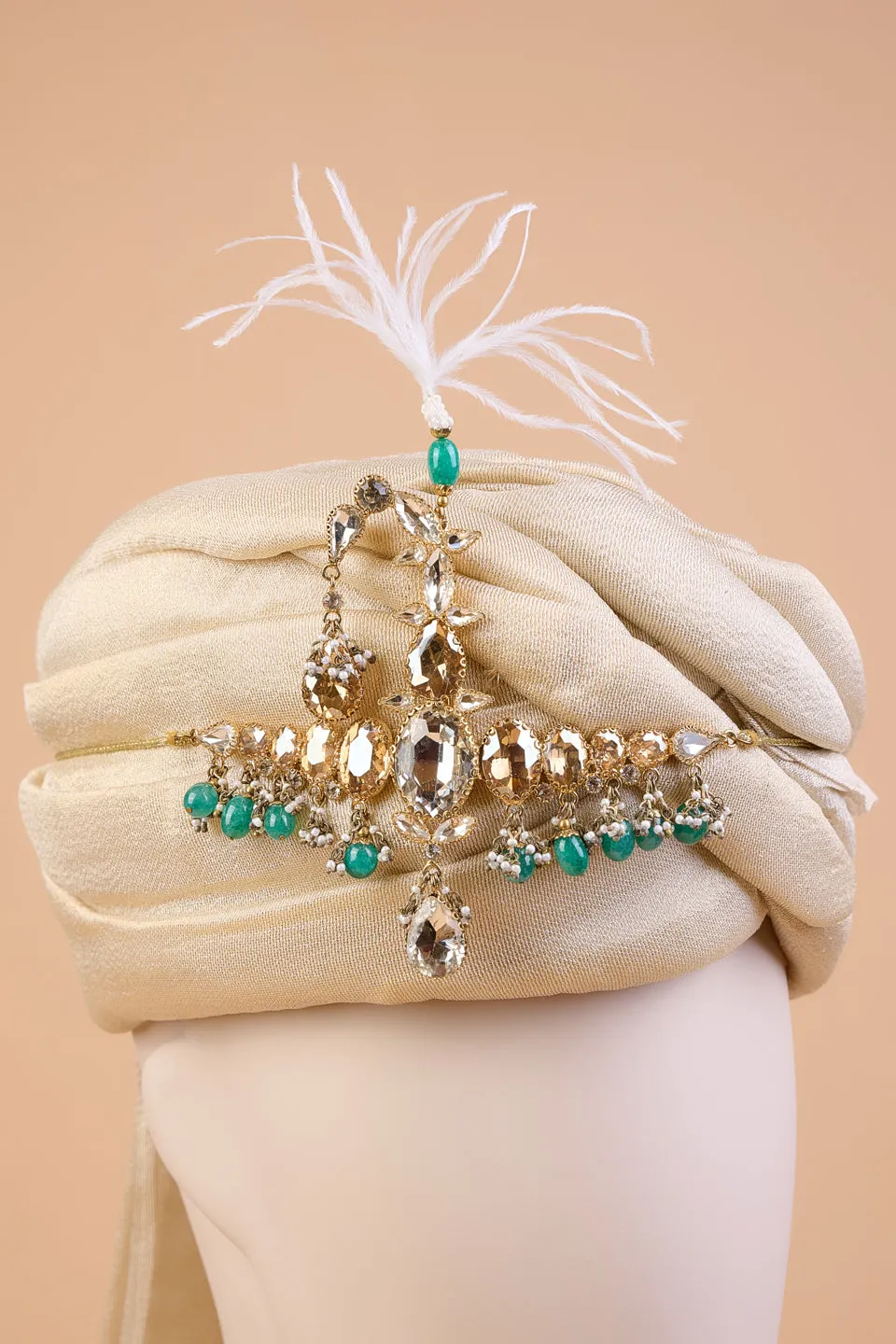 Centre Crystal Sarpech With Emerald Beads & Feather Detail