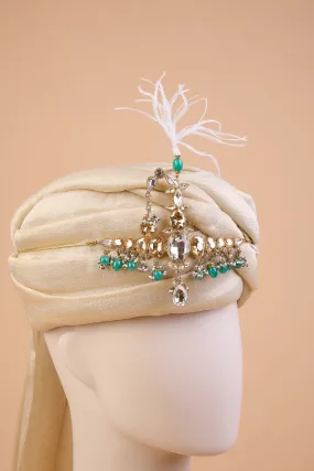 Centre Crystal Sarpech With Emerald Beads & Feather Detail