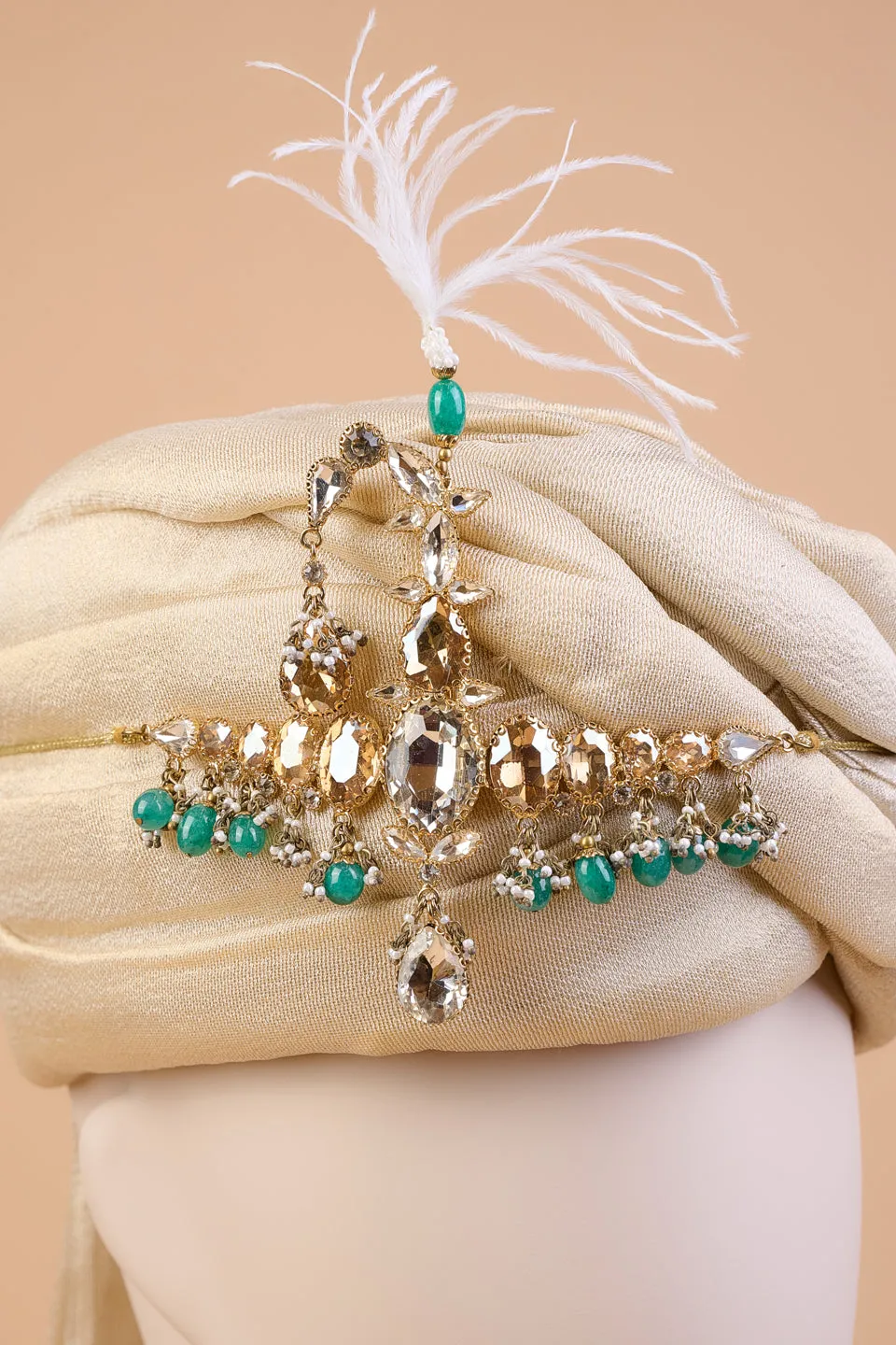 Centre Crystal Sarpech With Emerald Beads & Feather Detail