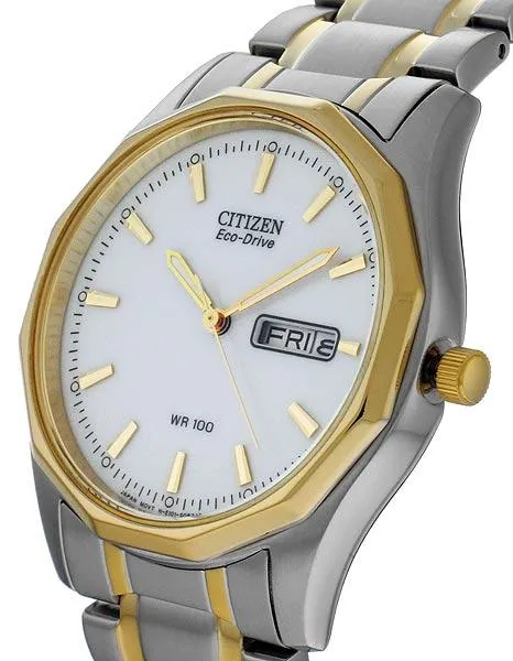 Citizen Mens Eco-Drive WR100 - Stainless & Gold Tone - White Dial - Day/Date