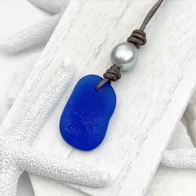 Cobalt Blue Sea Glass Leather Necklace with Freshwater Pearl | #1906