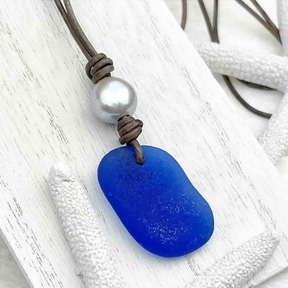 Cobalt Blue Sea Glass Leather Necklace with Freshwater Pearl | #1906