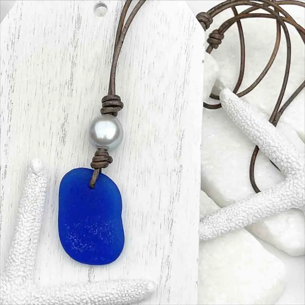 Cobalt Blue Sea Glass Leather Necklace with Freshwater Pearl | #1906