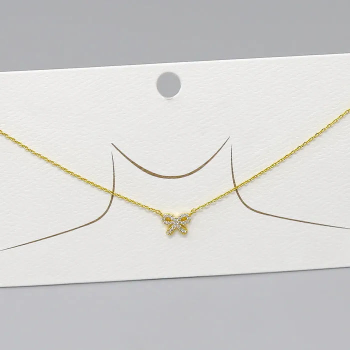 CZ Pave Bow Pendant Gold Dipped Chain Necklace