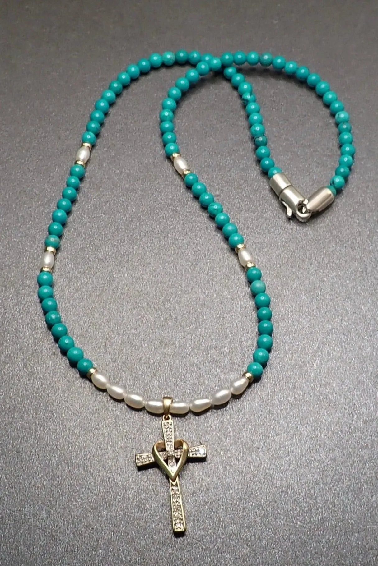 DIAMOND CROSS WITH TURQUOISE & PEARL BEADS - 14K GOLD