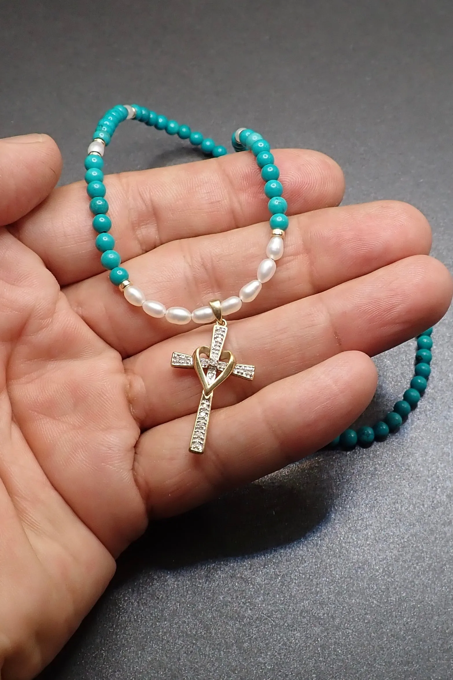 DIAMOND CROSS WITH TURQUOISE & PEARL BEADS - 14K GOLD