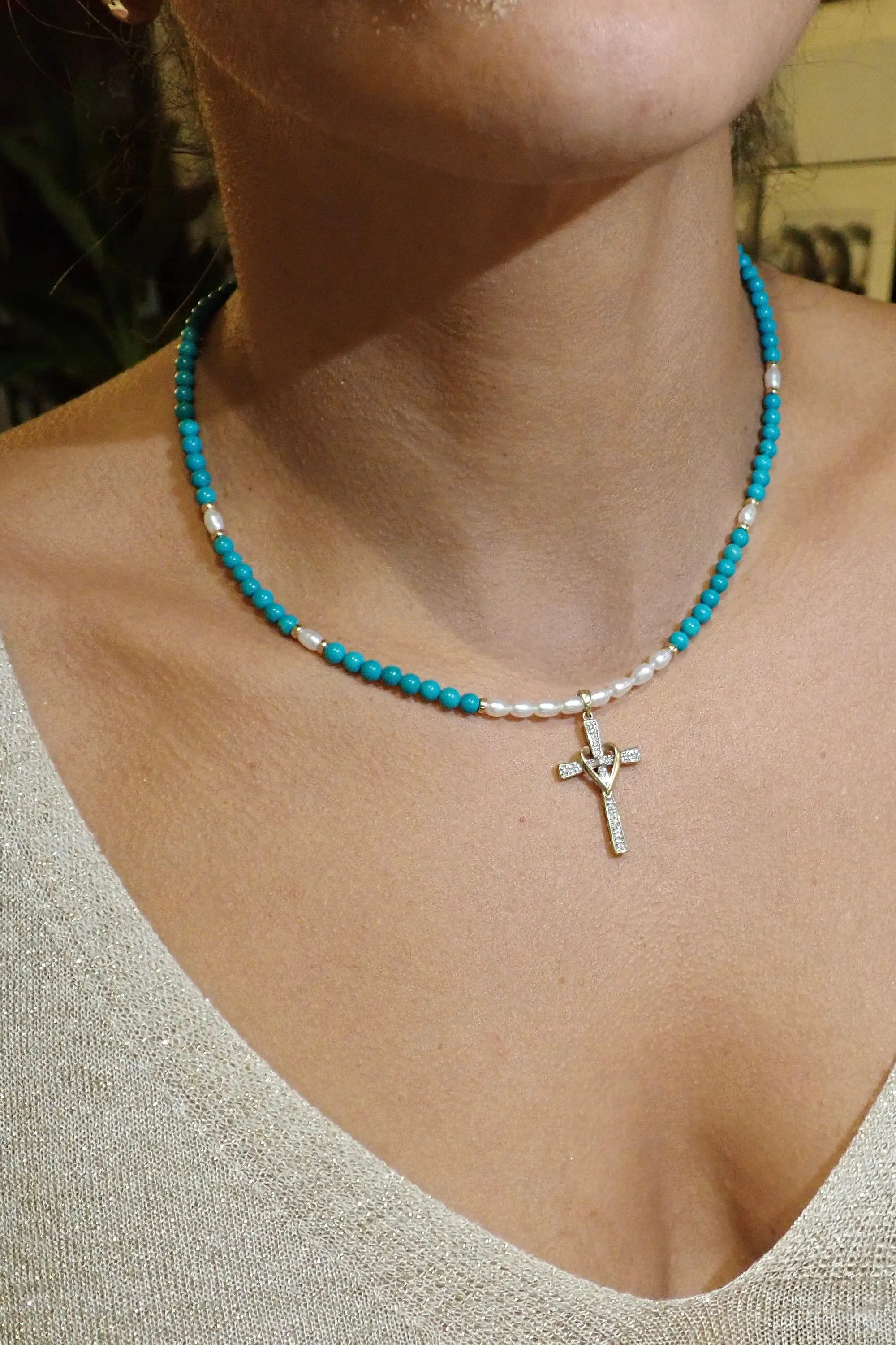 DIAMOND CROSS WITH TURQUOISE & PEARL BEADS - 14K GOLD