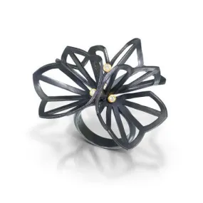 Double Hyacinth Origami Ring in Oxidized Silver with 18k Gold and Diamonds by Karin Jacobson