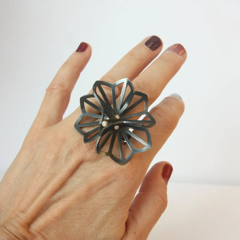 Double Hyacinth Origami Ring in Oxidized Silver with 18k Gold and Diamonds by Karin Jacobson