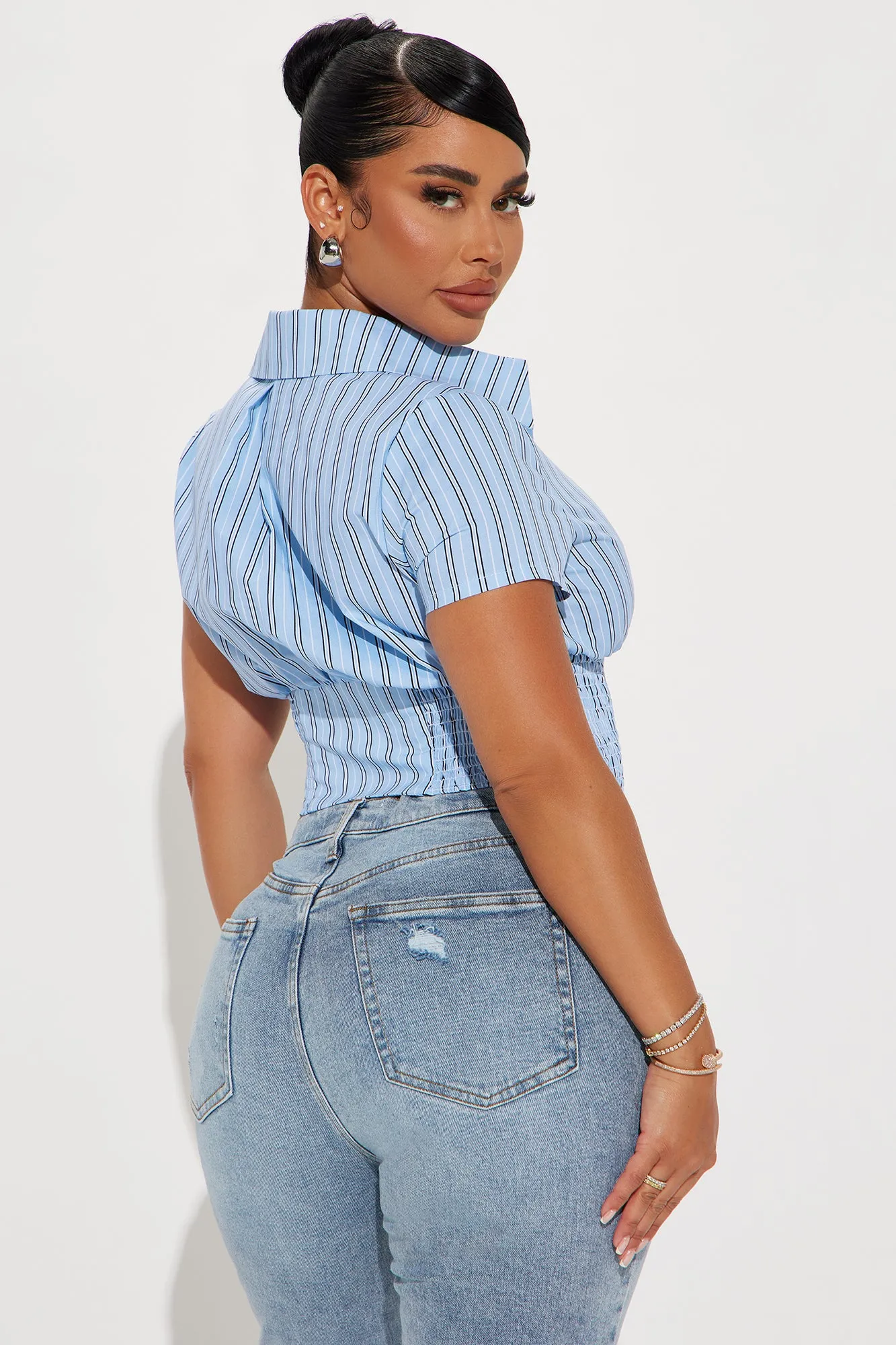 Endless Talks Short Sleeve Striped Corset Top - White/Blue