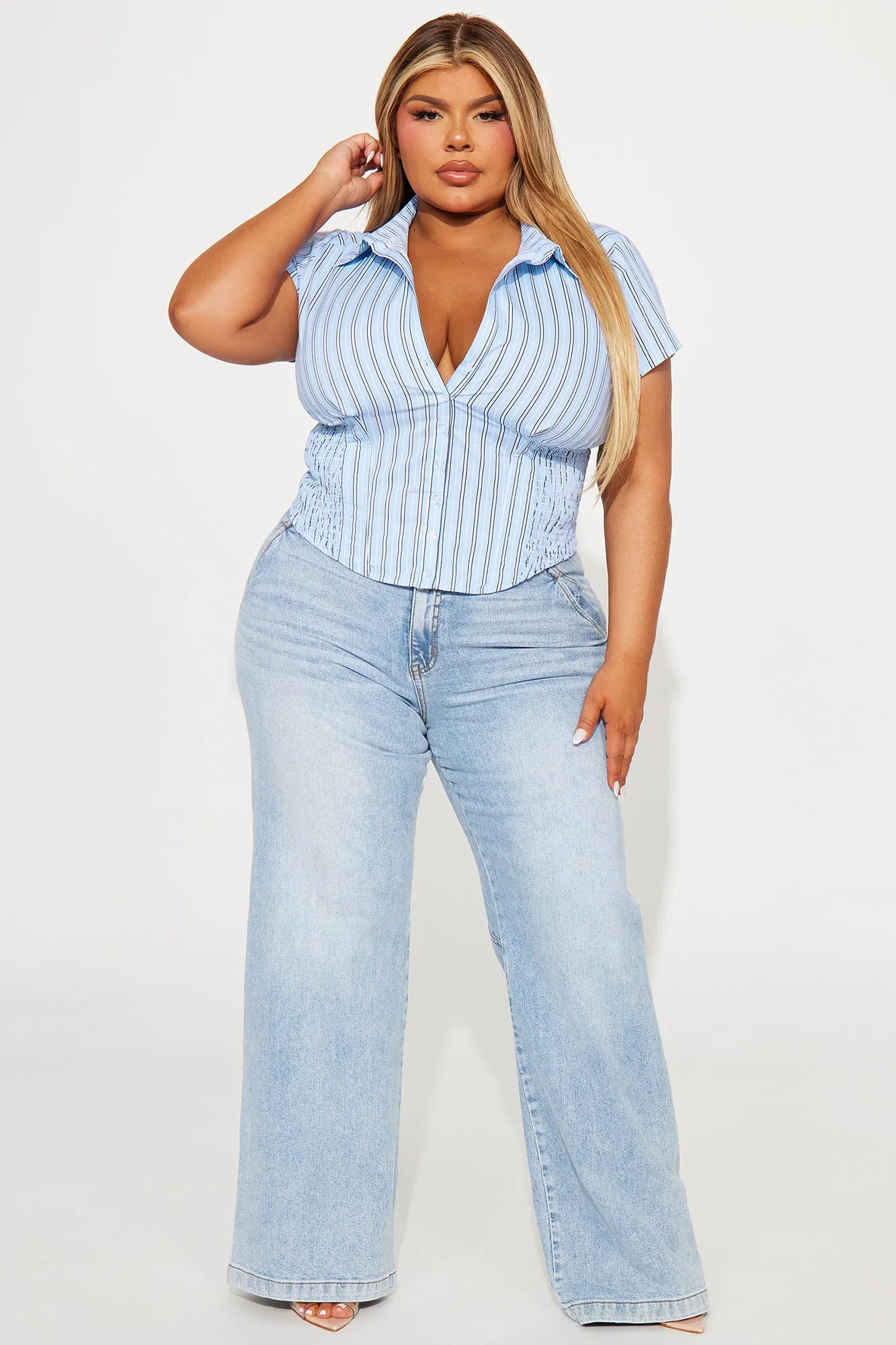 Endless Talks Short Sleeve Striped Corset Top - White/Blue