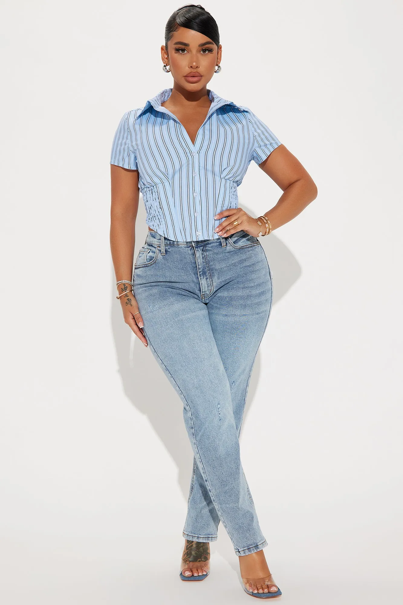 Endless Talks Short Sleeve Striped Corset Top - White/Blue