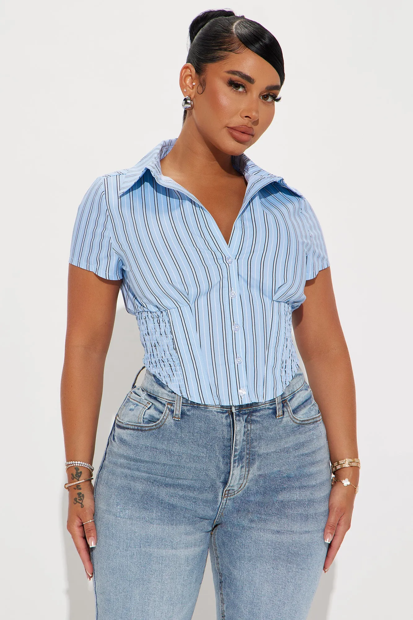 Endless Talks Short Sleeve Striped Corset Top - White/Blue