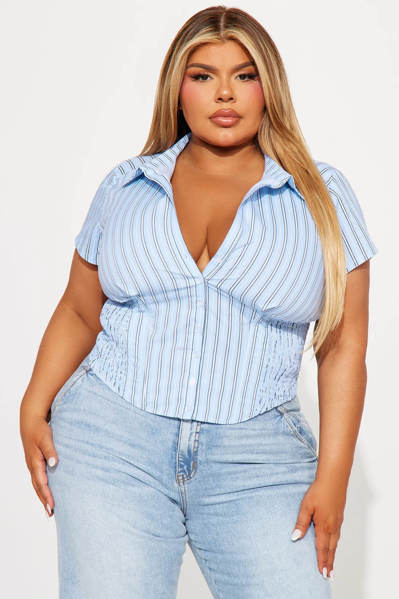 Endless Talks Short Sleeve Striped Corset Top - White/Blue