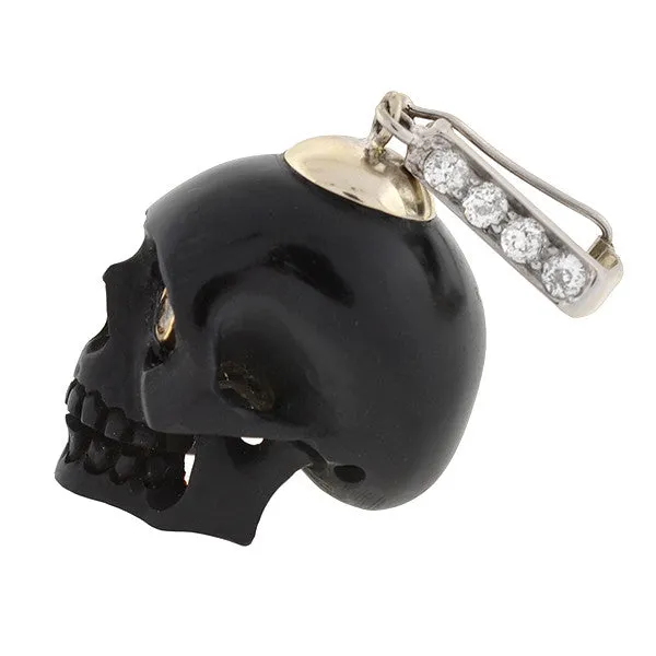 Estate 14kt Carved Jet Skull & Diamond Pendant